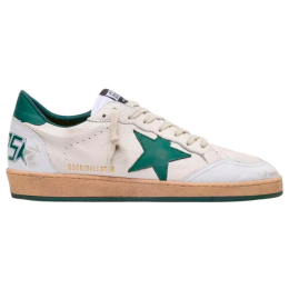 Golden Goose Mens Ball Star in White Nappa Leather with Green Leather Star and Heel Tab