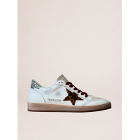 Golden Goose Ball Star in White Leather with Leopard Star and Glitter Heel Tab