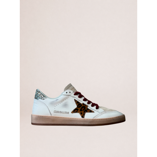 Женские кеды Golden Goose Ball Star in White Leather with Leopard Star and Glitter Heel Tab