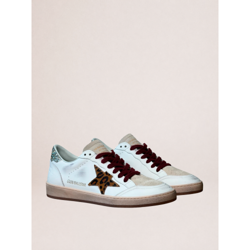 Женские кеды Golden Goose Ball Star in White Leather with Leopard Star and Glitter Heel Tab