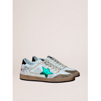 Golden Goose Mens Ball Star in White Leather With Green Star and Black Heel Tab