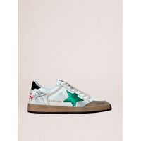 Golden Goose Mens Ball Star in White Leather With Green Star and Black Heel Tab