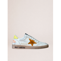 Golden Goose Ball Star in White Leather With Orange Star and Yellow Heel Tab