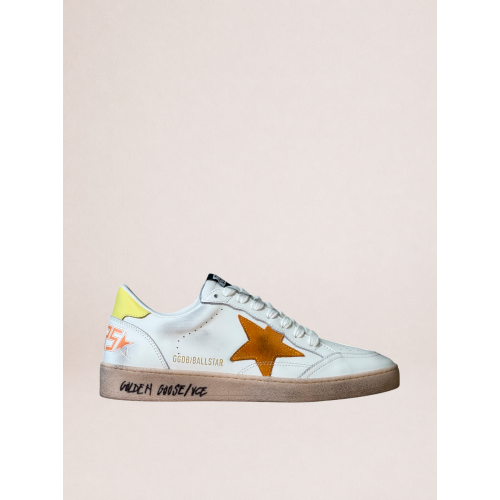 Женские кеды Golden Goose Ball Star in White Leather With Orange Star and Yellow Heel Tab