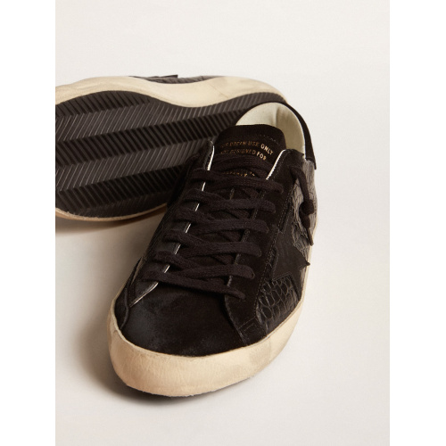 Мужские кеды Golden Goose Mens Super Star Ltd In Crocodile-Print Leather With Black Suede Inserts