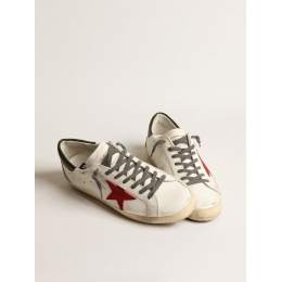 Golden Goose Mens Super Star With Red Suede Star And Green Leather Heel Tab