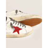 Golden Goose Mens Super Star With Red Suede Star And Green Leather Heel Tab