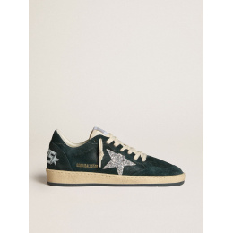 Golden Goose Ball Star In Green Suede With Silver Glitter Star