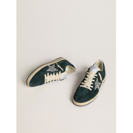 Golden Goose Ball Star In Green Suede With Silver Glitter Star