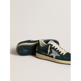 Golden Goose Ball Star In Green Suede With Silver Glitter Star