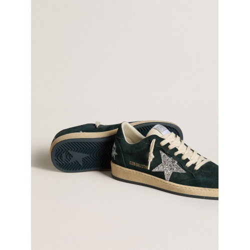 Женские кеды Golden Goose Ball Star In Green Suede With Silver Glitter Star