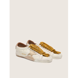 Golden Goose True Star In White Nappa Leather With Gold Star And Beige Suede Heel Tab