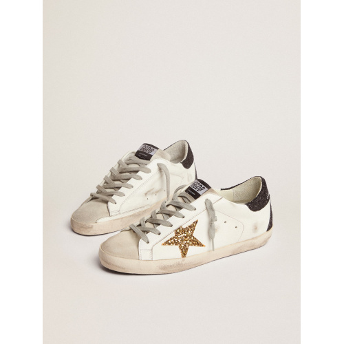 Женские кеды Golden Goose Super Star In Gold Glitter Star And Black Glitter Heel tab