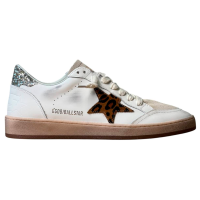 Golden Goose Ball Star in White Leather with Leopard Star and Glitter Heel Tab