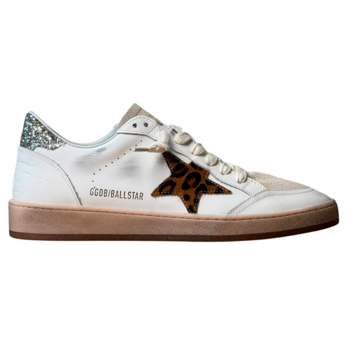Женские кеды Golden Goose Ball Star in White Leather with Leopard Star and Glitter Heel Tab