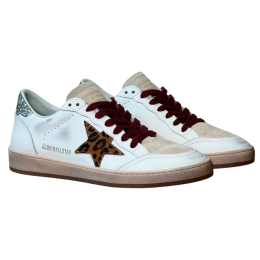 Golden Goose Ball Star in White Leather with Leopard Star and Glitter Heel Tab