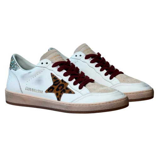 Женские кеды Golden Goose Ball Star in White Leather with Leopard Star and Glitter Heel Tab