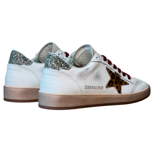 Женские кеды Golden Goose Ball Star in White Leather with Leopard Star and Glitter Heel Tab