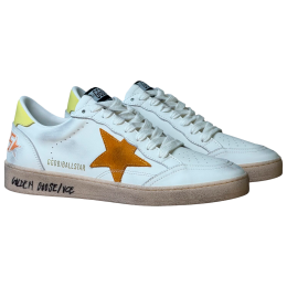 Golden Goose Ball Star in White Leather With Orange Star and Yellow Heel Tab