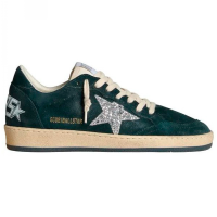 Golden Goose Ball Star In Green Suede With Silver Glitter Star