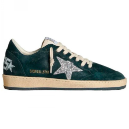 Golden Goose Ball Star In Green Suede With Silver Glitter Star