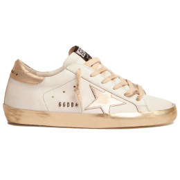 Golden Goose Super Star with gold sparkle foxing and metal stud lettering