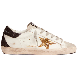 Golden Goose Super Star In Gold Glitter Star And Black Glitter Heel tab